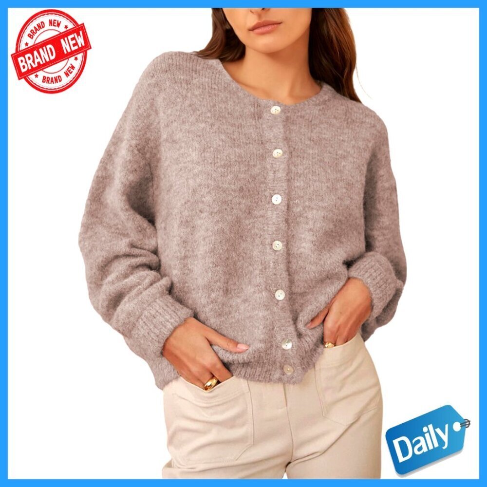Loose Fit Button Down Cardigan Sweater Long Sleeve Crewneck Knit Top